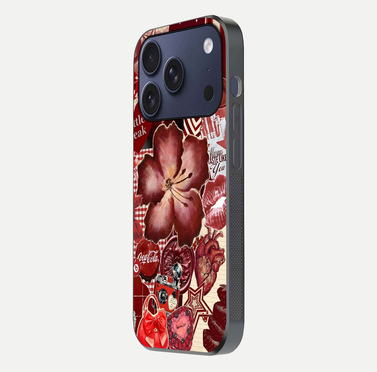 Aesthetic Little Freak Glass Case for iPhone 16 Pro side-angle image showing colorful design, camera module, and glossy finish reflection