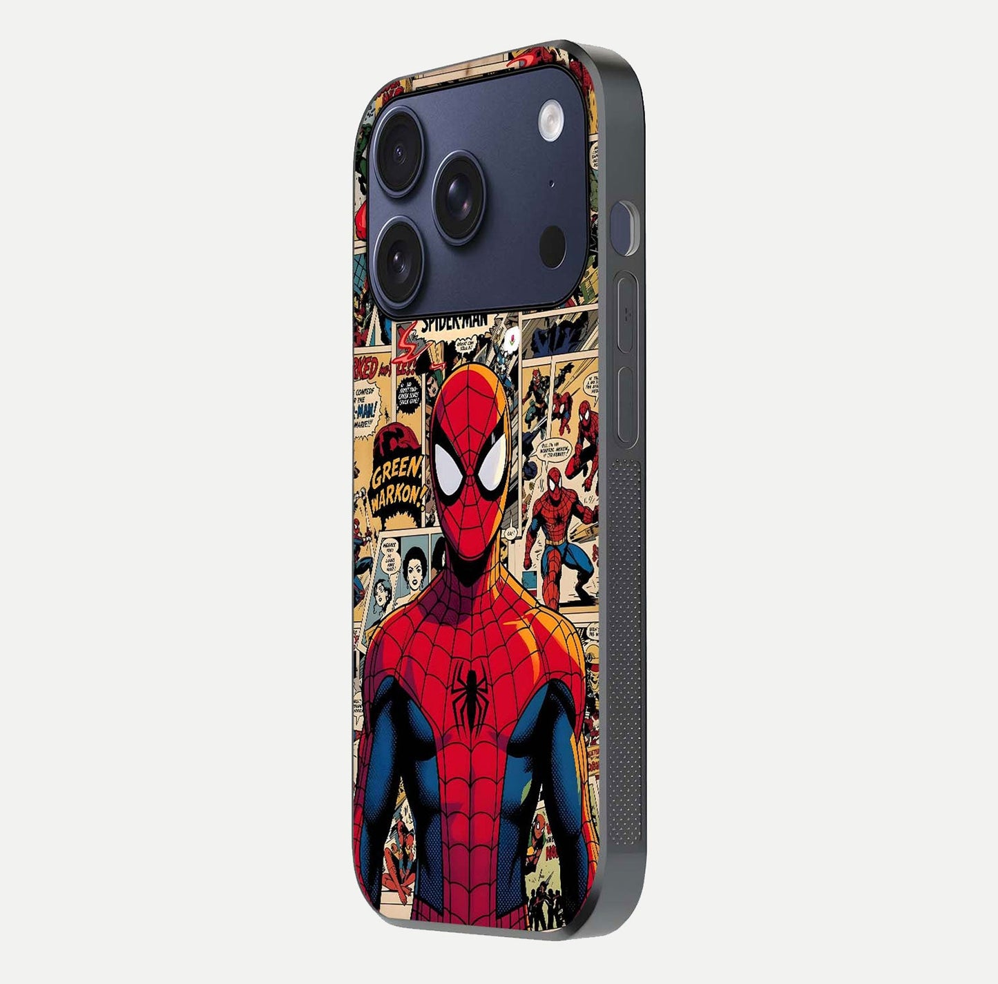 Aesthetic Spider Man Glass Case for iPhone 16 Pro side-angle image showing superhero comic print, camera module, and glossy finish reflection
