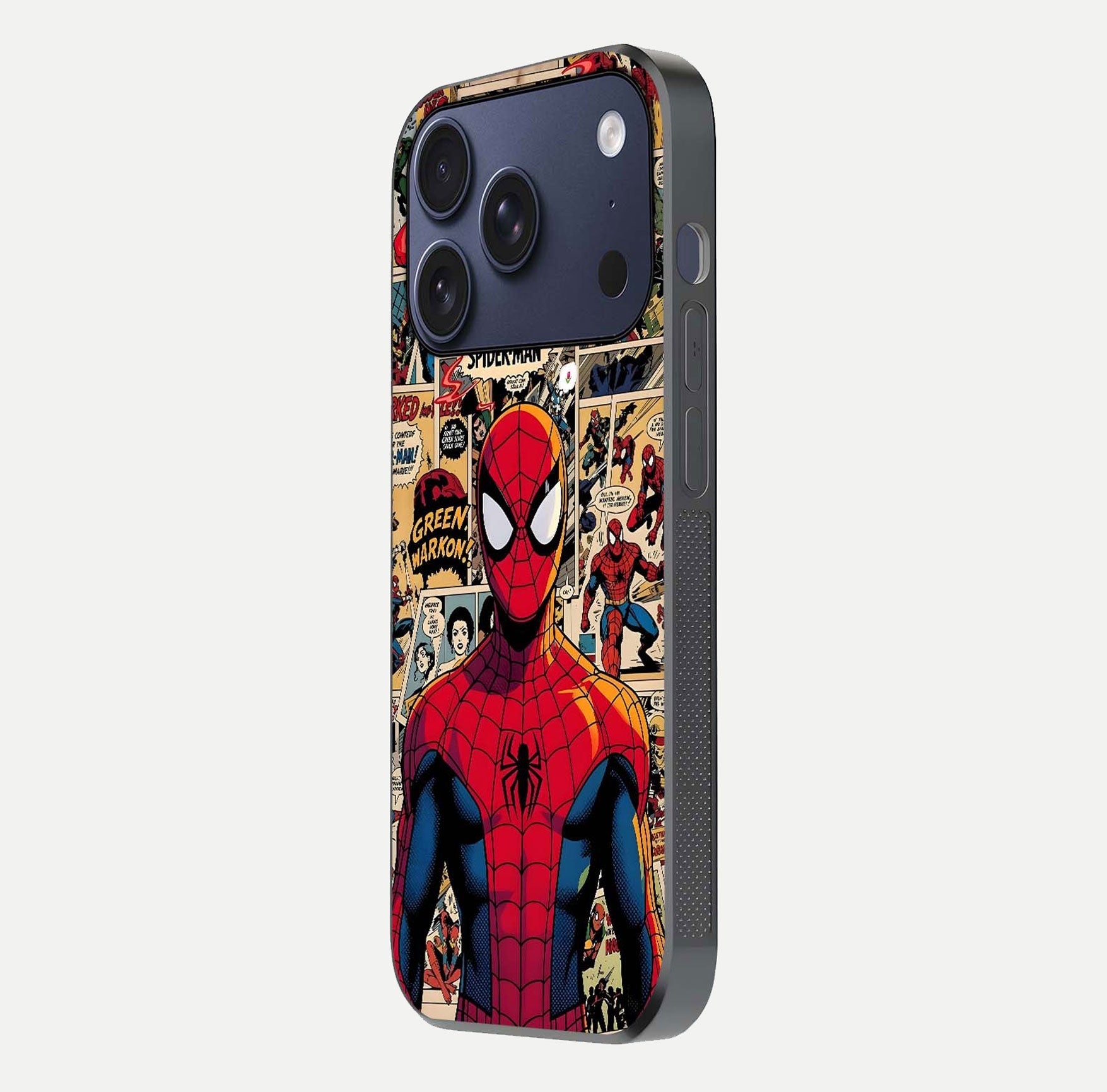Aesthetic Spider Man Glass Case for iPhone 16 Pro side-angle image showing superhero comic print, camera module, and glossy finish reflection