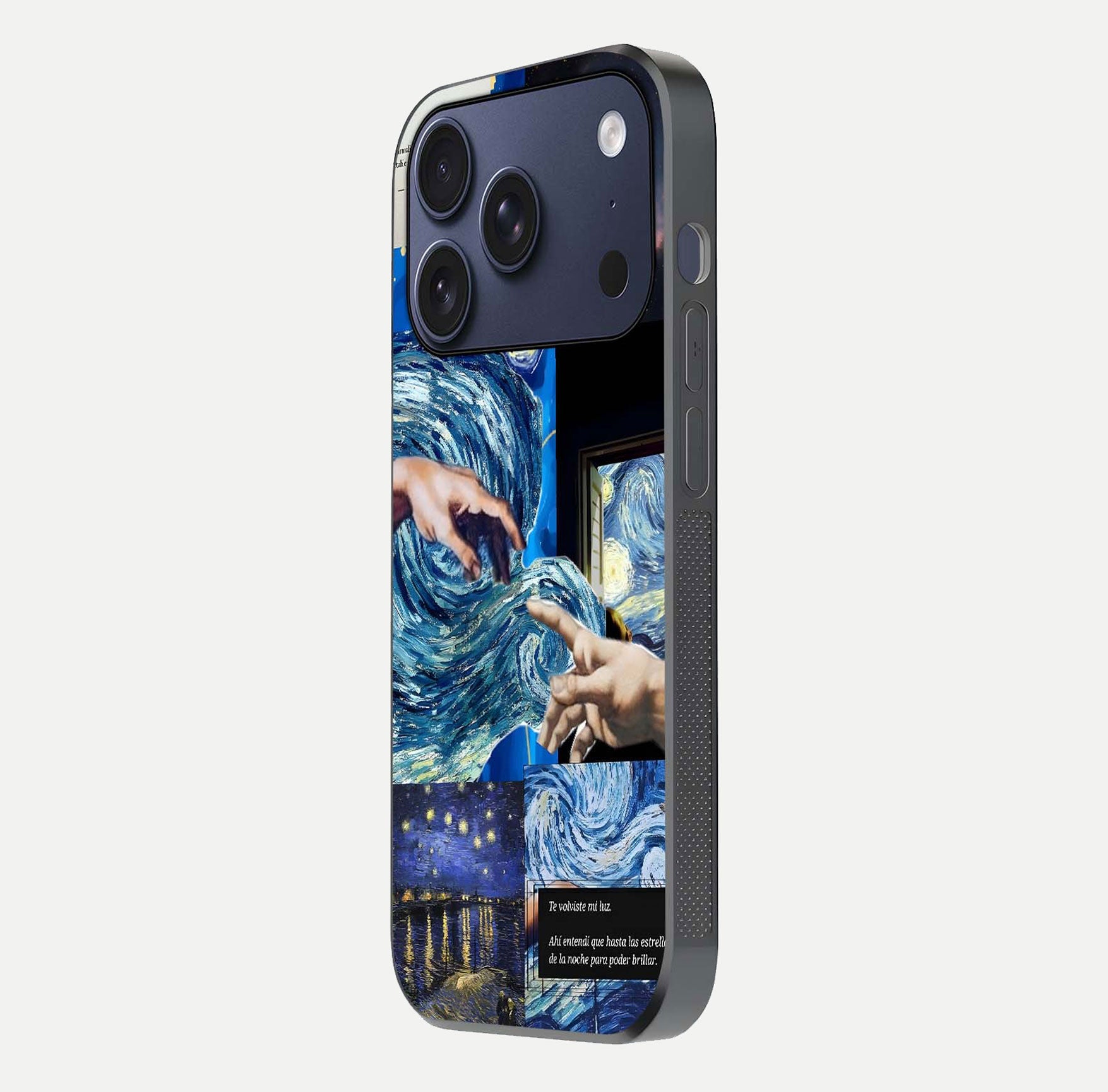 Aesthetic Vando Hands Glass Case for iPhone 16 Pro side-angle image showcasing hand design, protective edges, and gloss texture