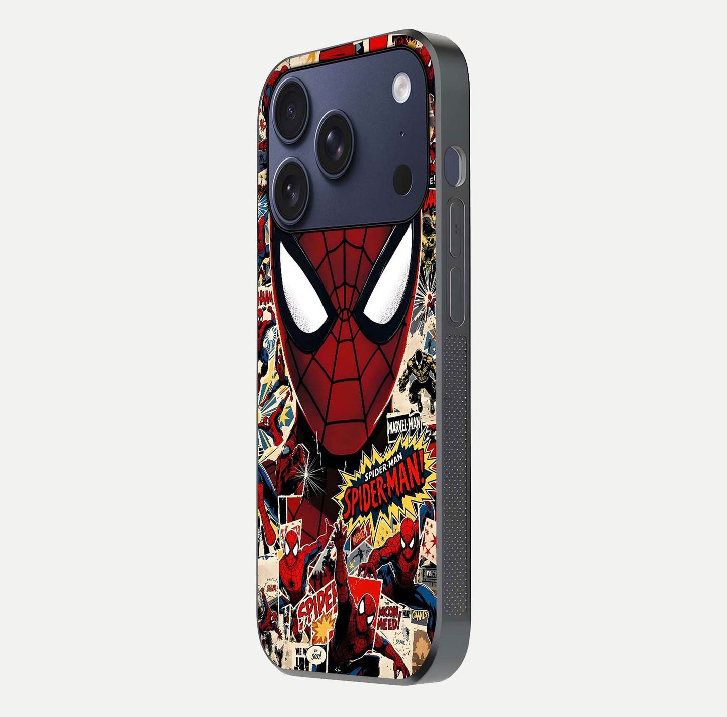 Aesthetic Wonder Spider Glass Case for iPhone 16 Pro side-angle shot showing red-blue tones and durable protective frame