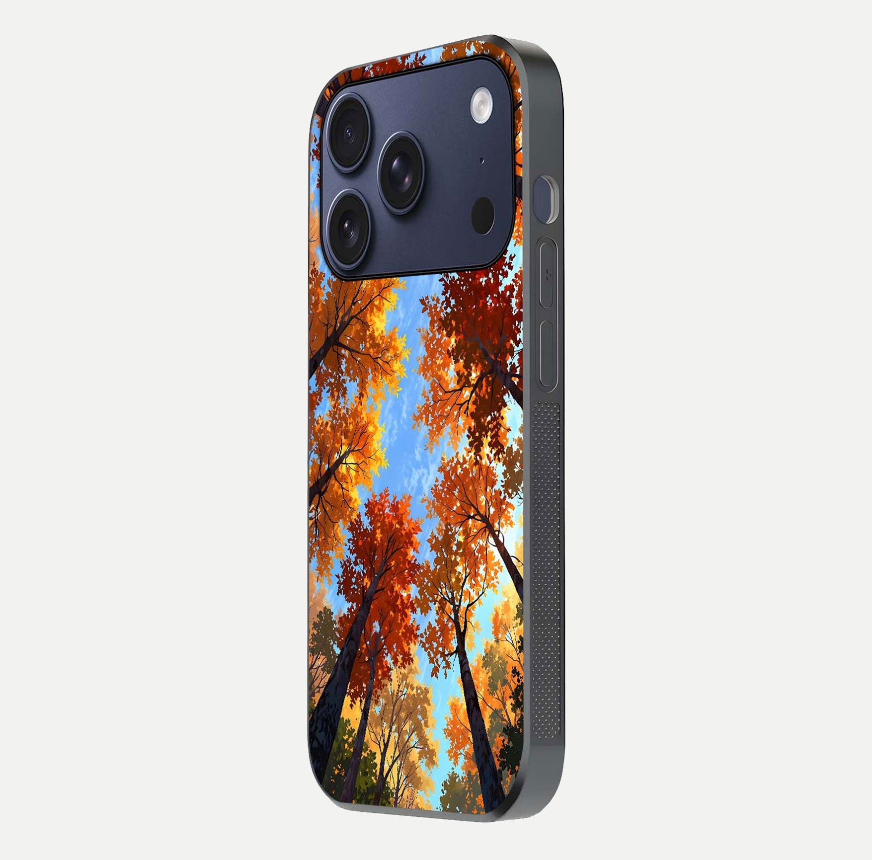 Autumn Sky Rise Glass Case for iPhone 16 Pro side-angle showing autumn art tones and protective corners