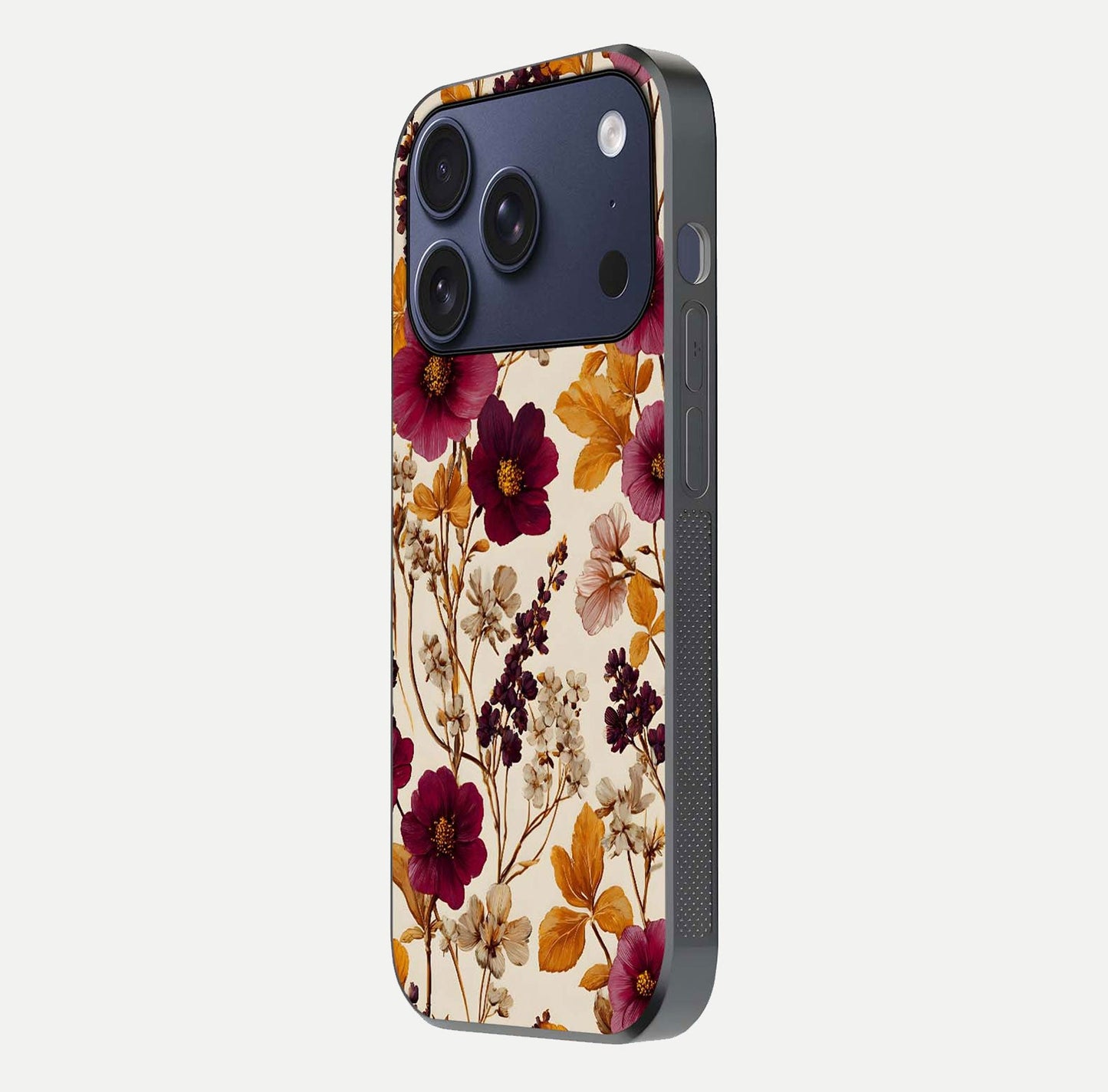 Autumn Wine Bloom Glass Case for iPhone 16 Pro side-angle showcasing floral design, texture gloss, and camera frame