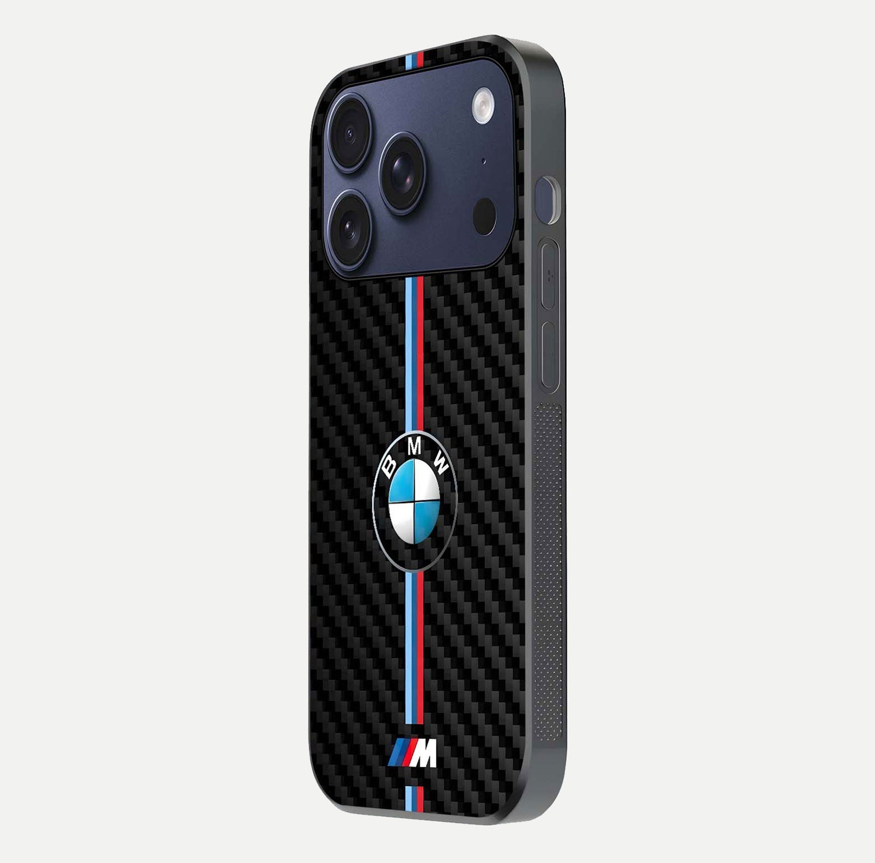 BMW Pattern Glass Case for iPhone 17 Pro side-angle image showing edge finish and luxury car-inspired shine