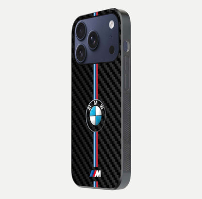 BMW Pattern Glass Case for iPhone 17 Pro side-angle image showing edge finish and luxury car-inspired shine