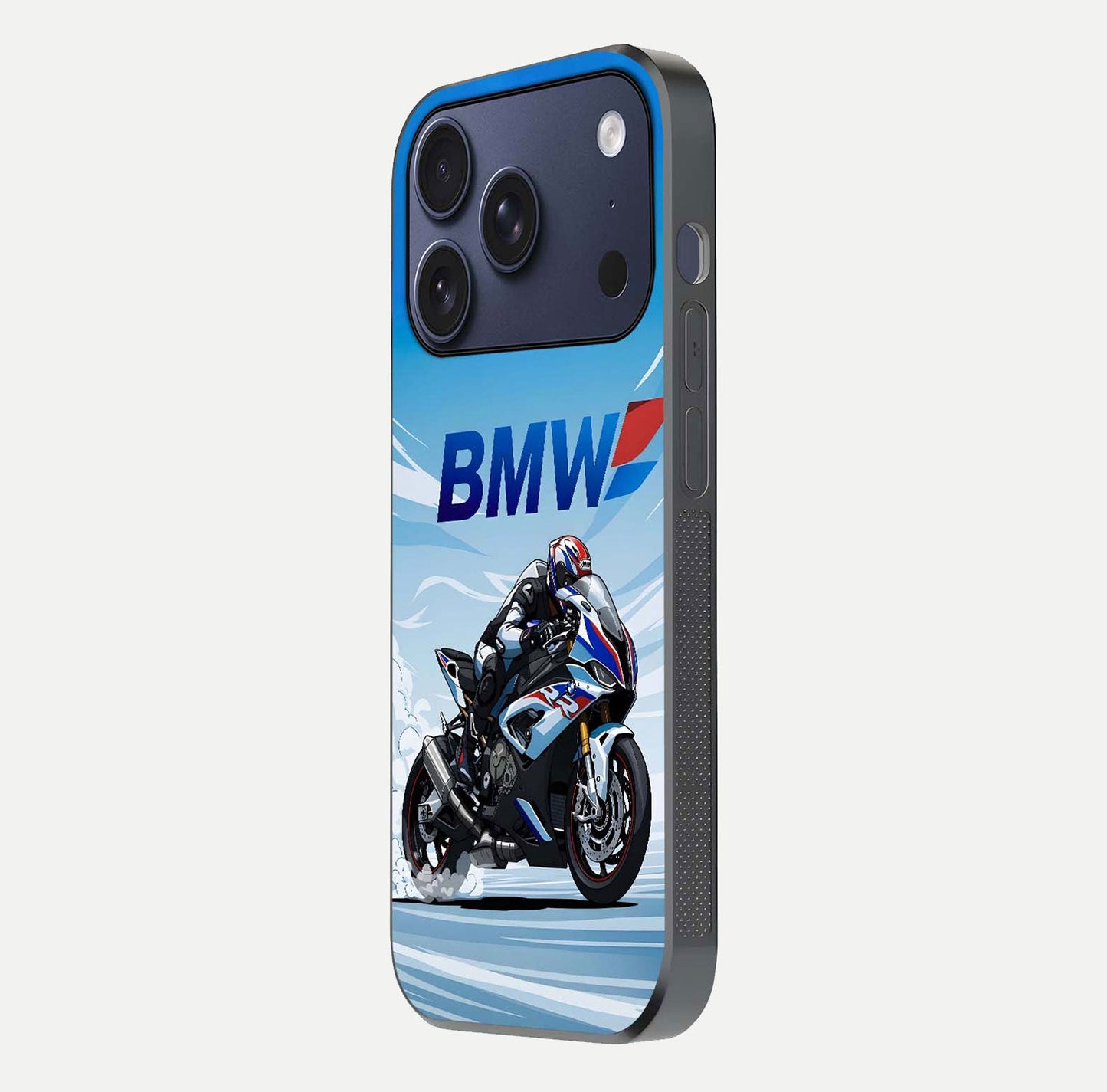 BMW Power Drift Glass Case for iPhone 17 Pro side-angle image emphasizing smooth finish and detailed design