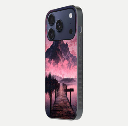 Beautyful Mountain View Glass Case for iPhone 16 Pro side-angle image displaying mountain artwork and gloss surface