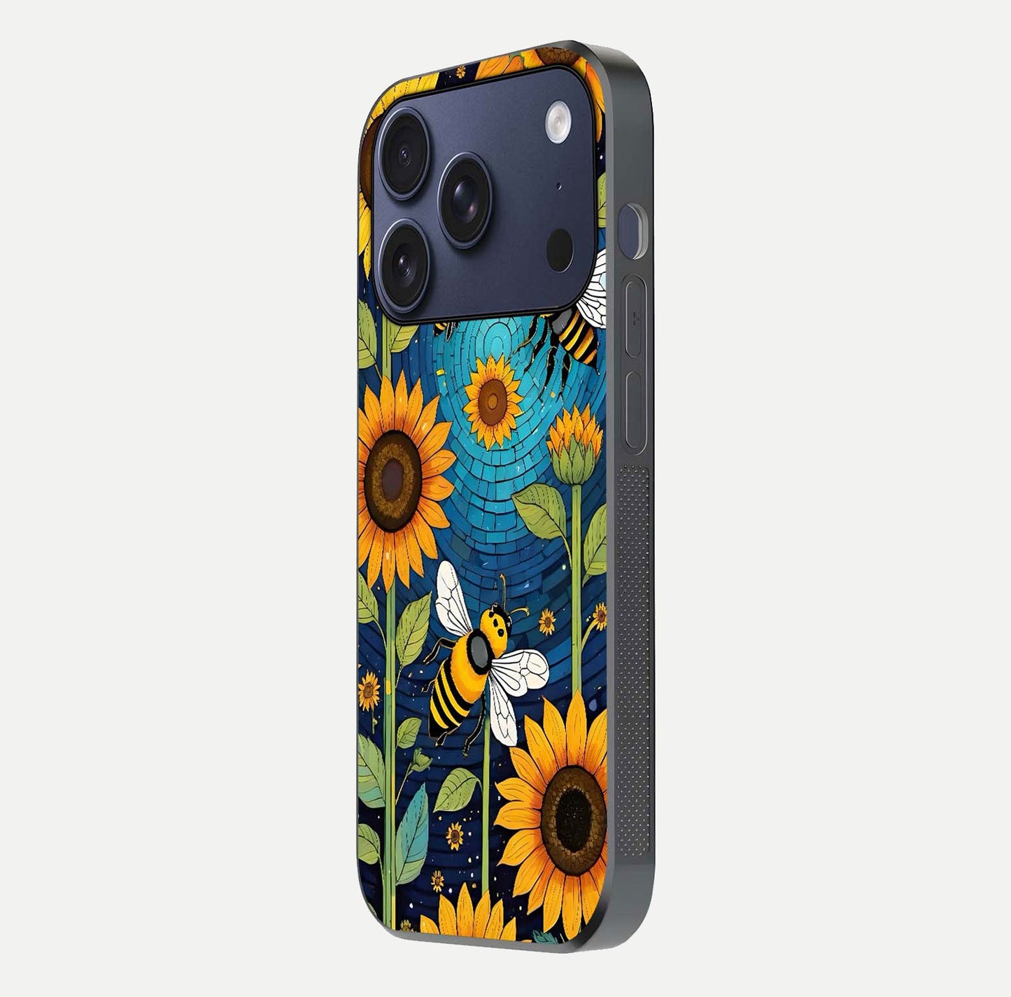 Bees & Sunflowers Glass Case for iPhone 16 Pro side-angle image showing bee pattern alignment and shiny protective surface