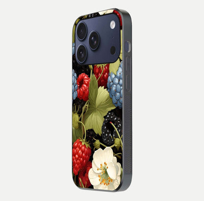 Berry Bloom Charm Glass Case for iPhone 17 Pro side-angle image showing floral texture and high-definition print gloss