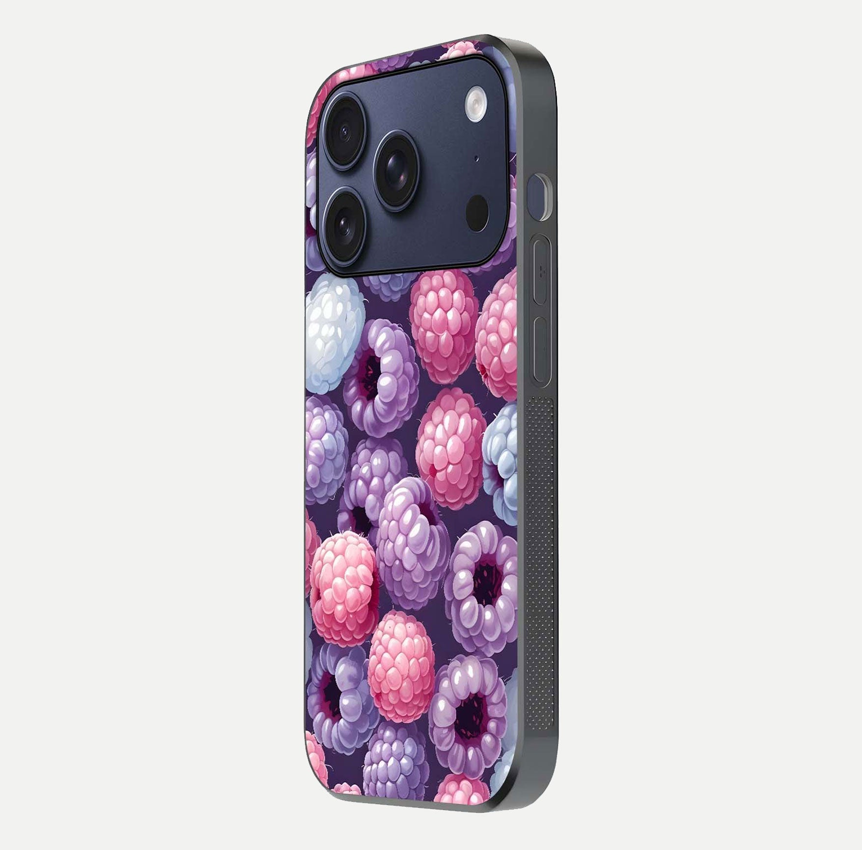 Berry Candy Pop Glass Case for iPhone 16 Pro side-angle image with bright color tones and smooth reflection