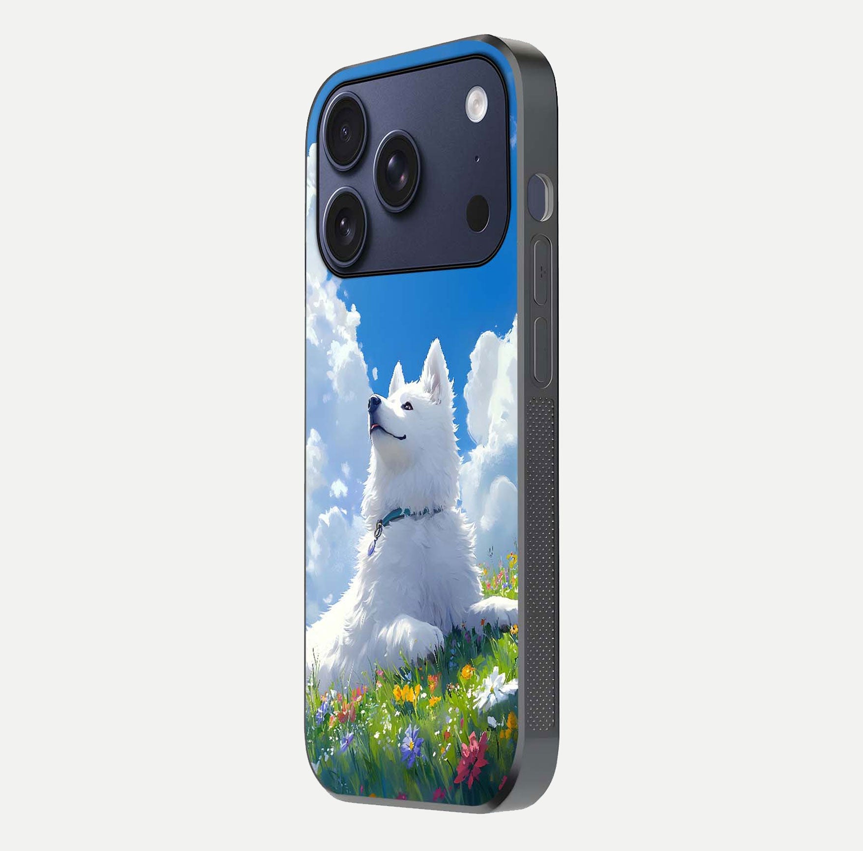 Blissful Cloud Pup Glass Case for iPhone 16 Pro side-angle shot displaying puppy print and glossy texture