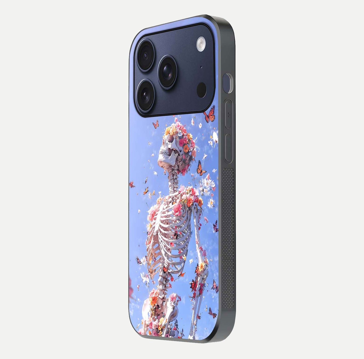 Bloom Beyond Bones Glass Case for iPhone 17 Pro side-angle image highlighting print precision and gloss finish