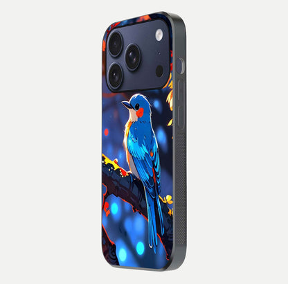 Blooming Spendor Bird Glass Case for iPhone 17 Pro side-angle photo showing floral wings and reflection finish