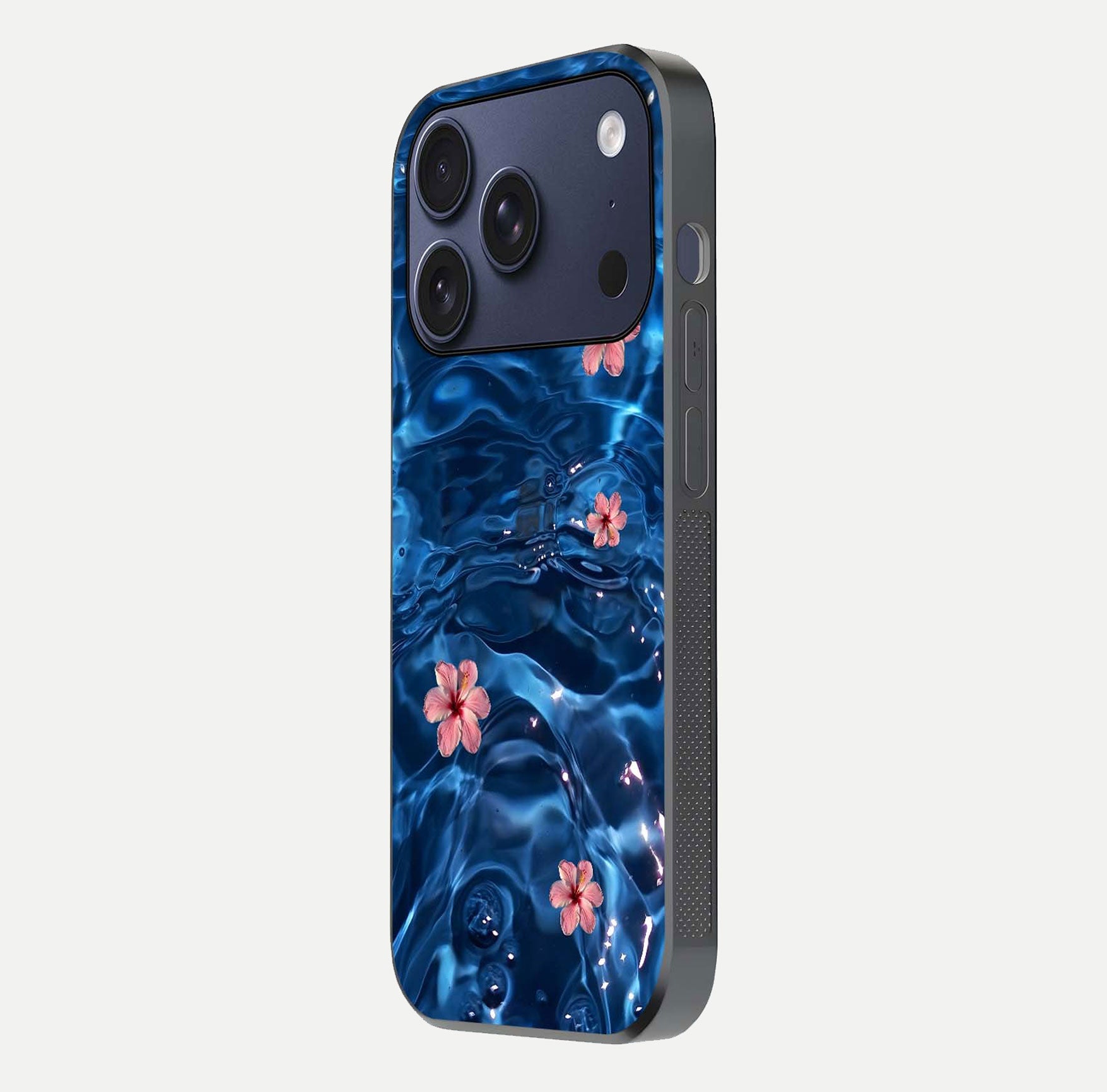 Blooming Water Drift Glass Case for iPhone 16 Pro side-angle image showcasing blossom flow, curved corners, and HD glass gloss