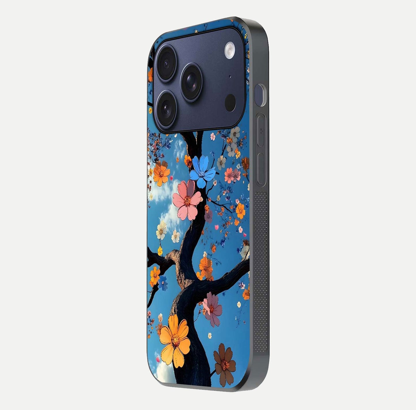 Blossom Dream Sky Glass Case for iPhone 17 Pro side-angle photo showing flower details, edge curve, and reflection shine