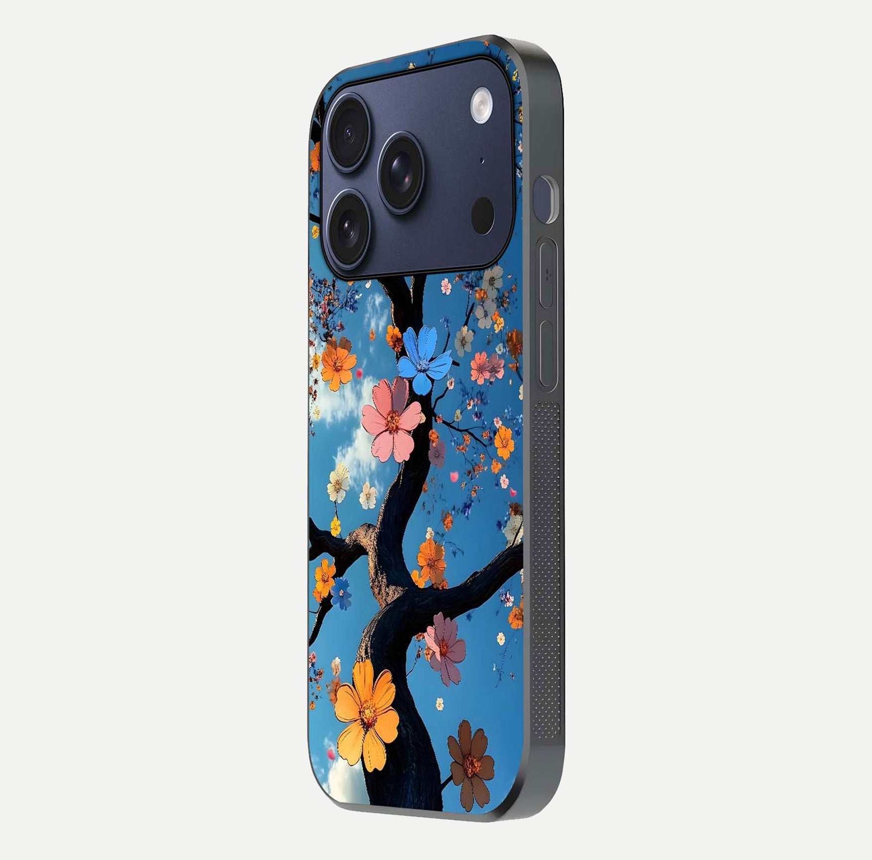 Blossom Dream Sky Glass Case for iPhone 17 Pro side-angle photo showing flower details, edge curve, and reflection shine