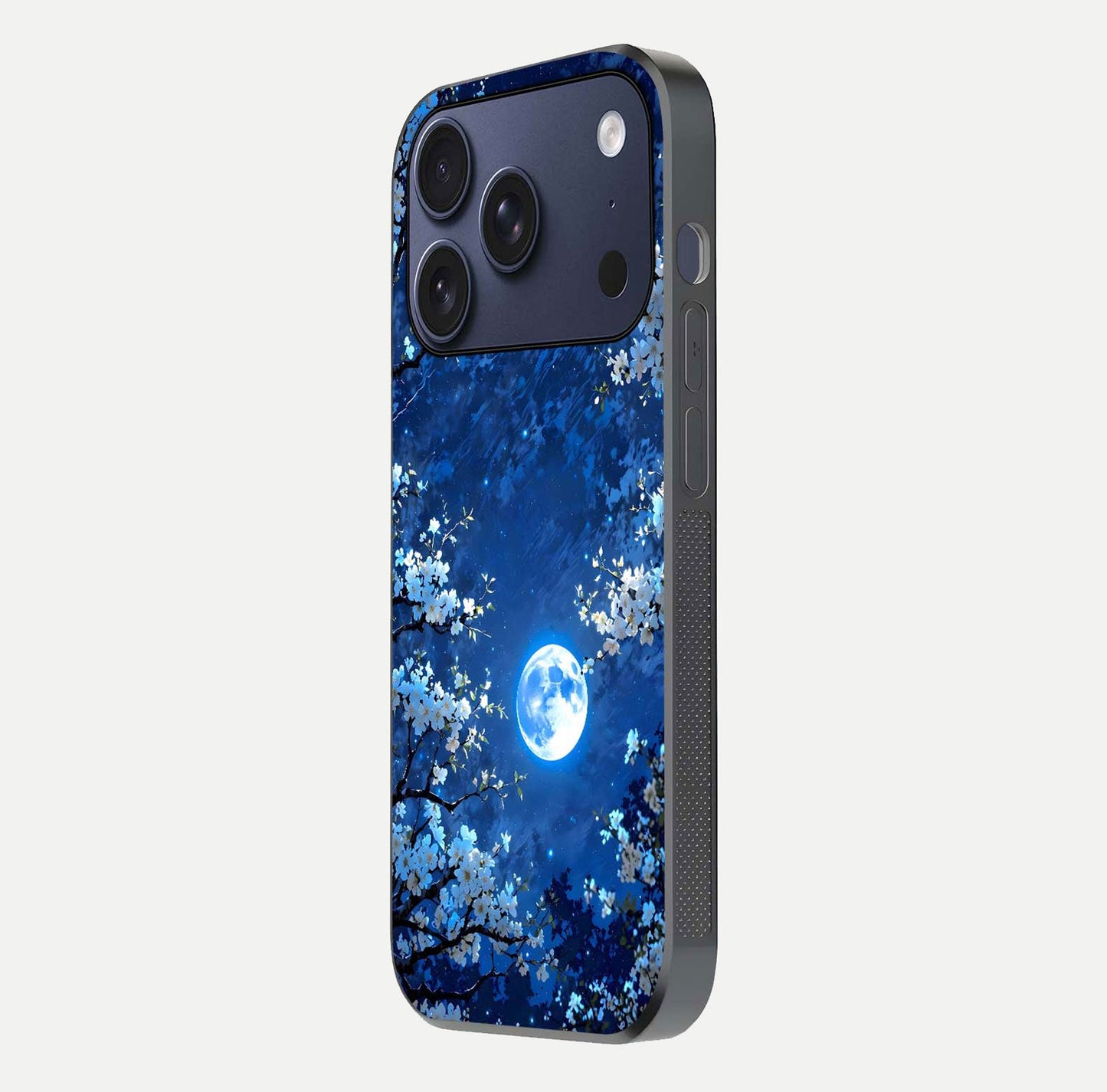 Blossom Moonlight Sky Glass Case for iPhone 16 Pro side-angle view emphasizing moonlight tones and protective edge