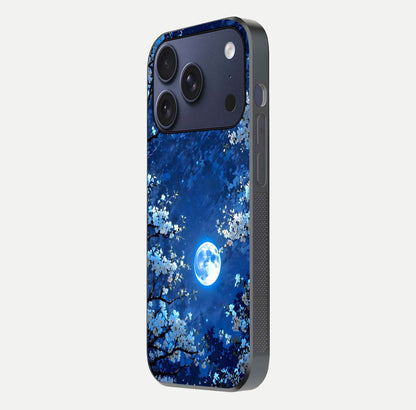 Blossom Moonlight Sky Glass Case for iPhone 16 Pro side-angle view emphasizing moonlight tones and protective edge