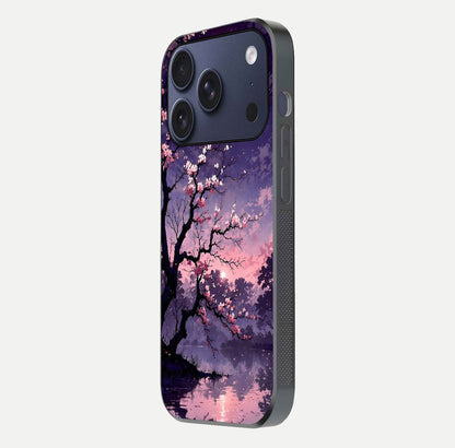 Blossom Pink Moon Glass Case for iPhone 17 Pro side-angle image showing glossy curve and floral-moon balance
