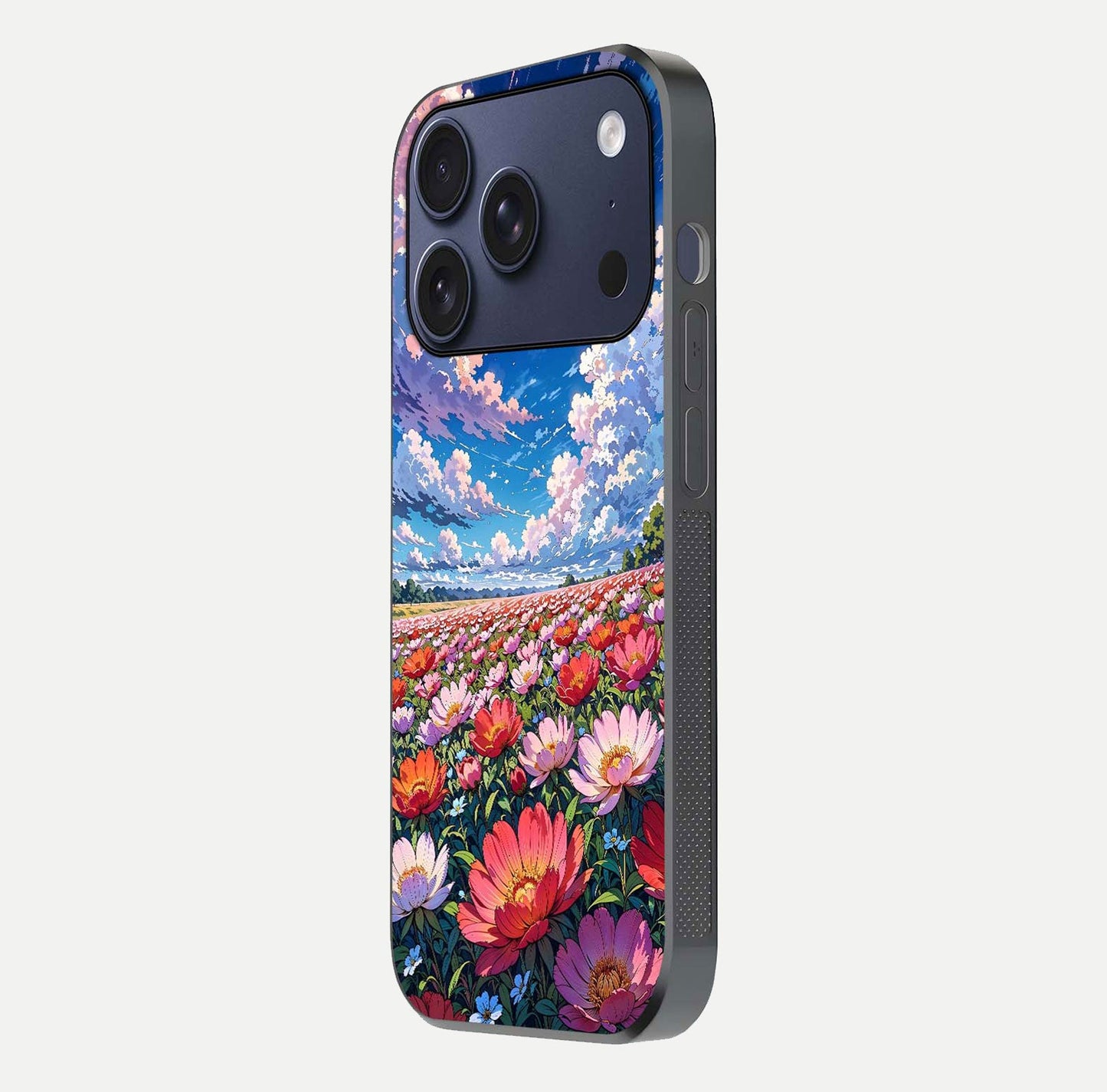 Blossom Sky Field Glass Case for iPhone 16 Pro side-angle showing sky hues, blossom texture, and reflective shine