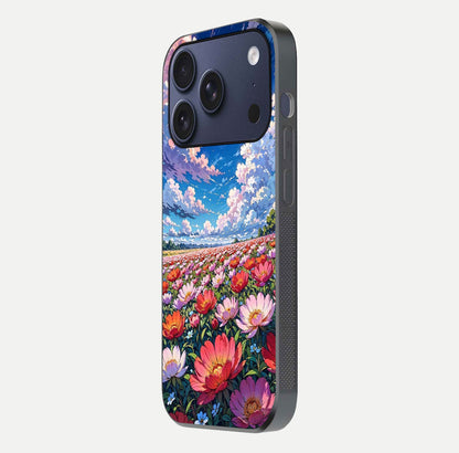 Blossom Sky Field Glass Case for iPhone 16 Pro side-angle showing sky hues, blossom texture, and reflective shine