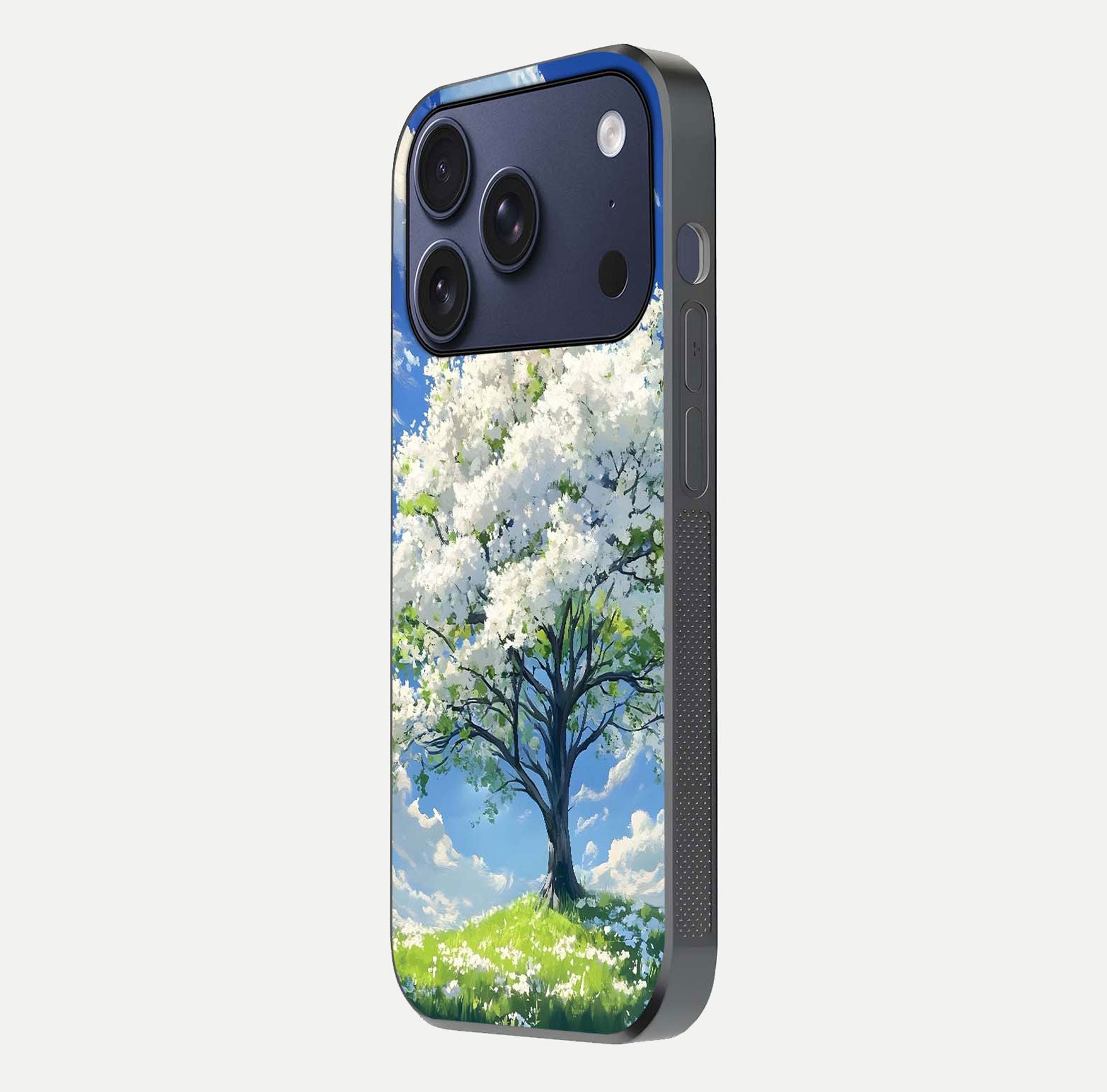Blossom Sky Serenity Glass Case for iPhone 16 Pro side-angle image showing elegant edge flow and light reflection