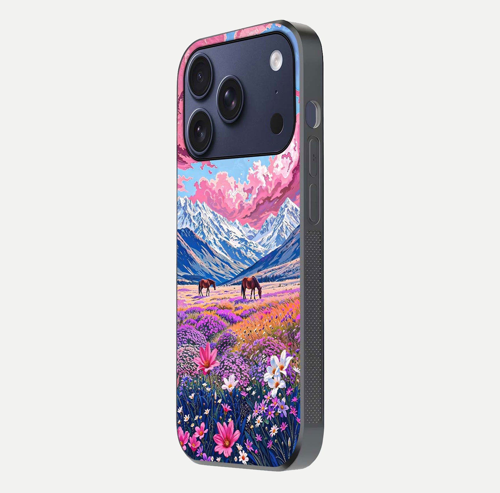 Blossom Valley Dream Glass Case for iPhone 17 Pro side-angle shot showcasing bloom tones and gloss texture