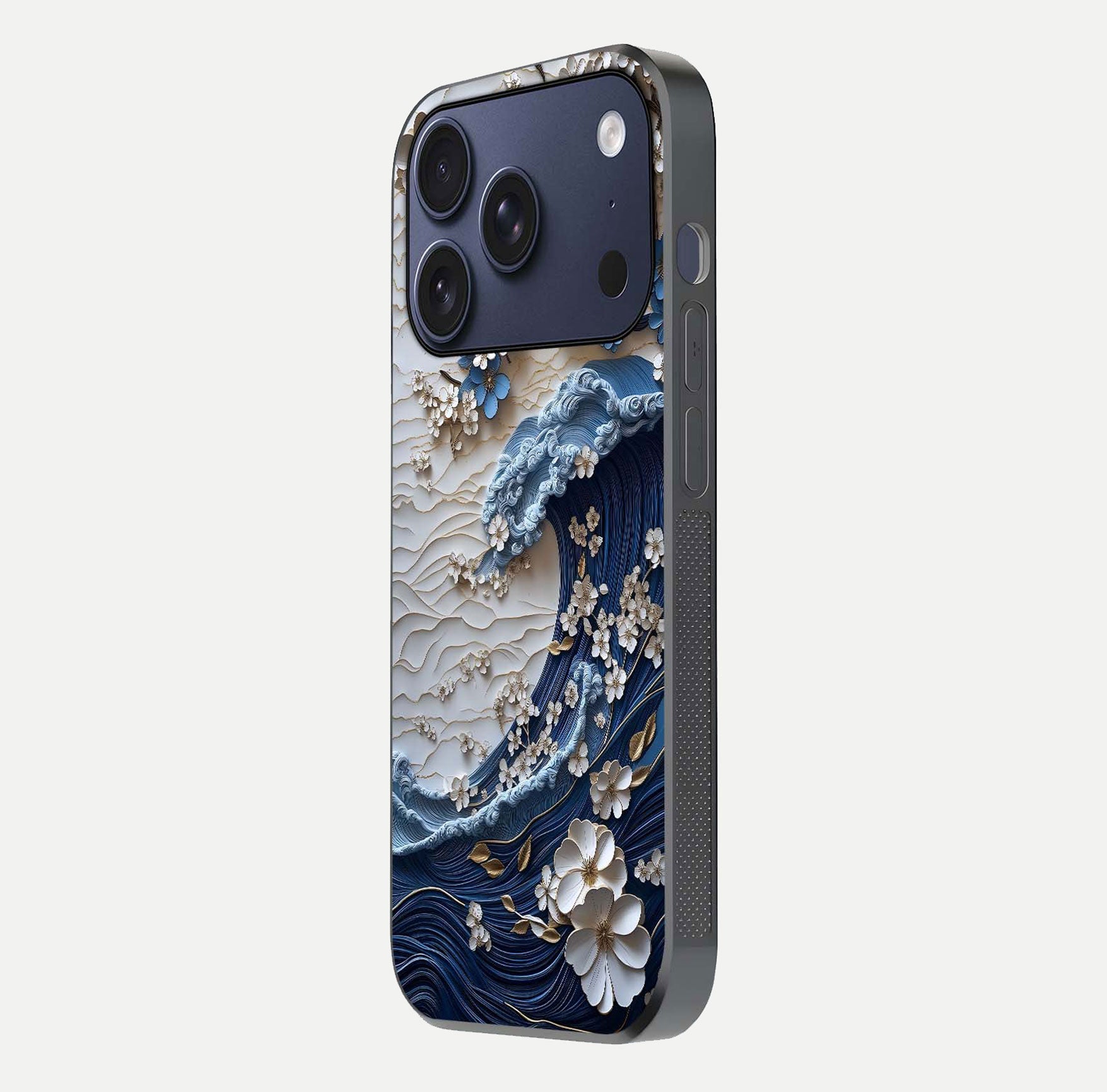 Blossom Wave Art Glass Case for iPhone 17 Pro side-angle view showing wave-flow print and gloss edge finish