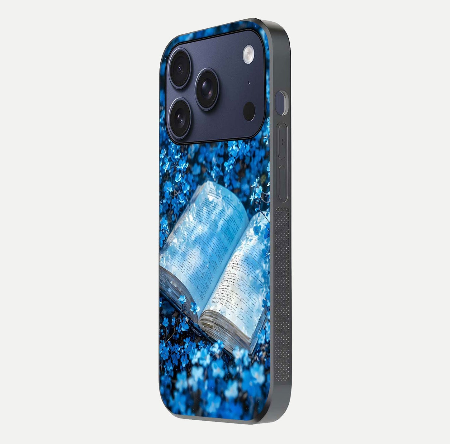 Blue Bloom Tales Glass Case for iPhone 17 Pro side-angle image showing blue floral pattern and glossy finish