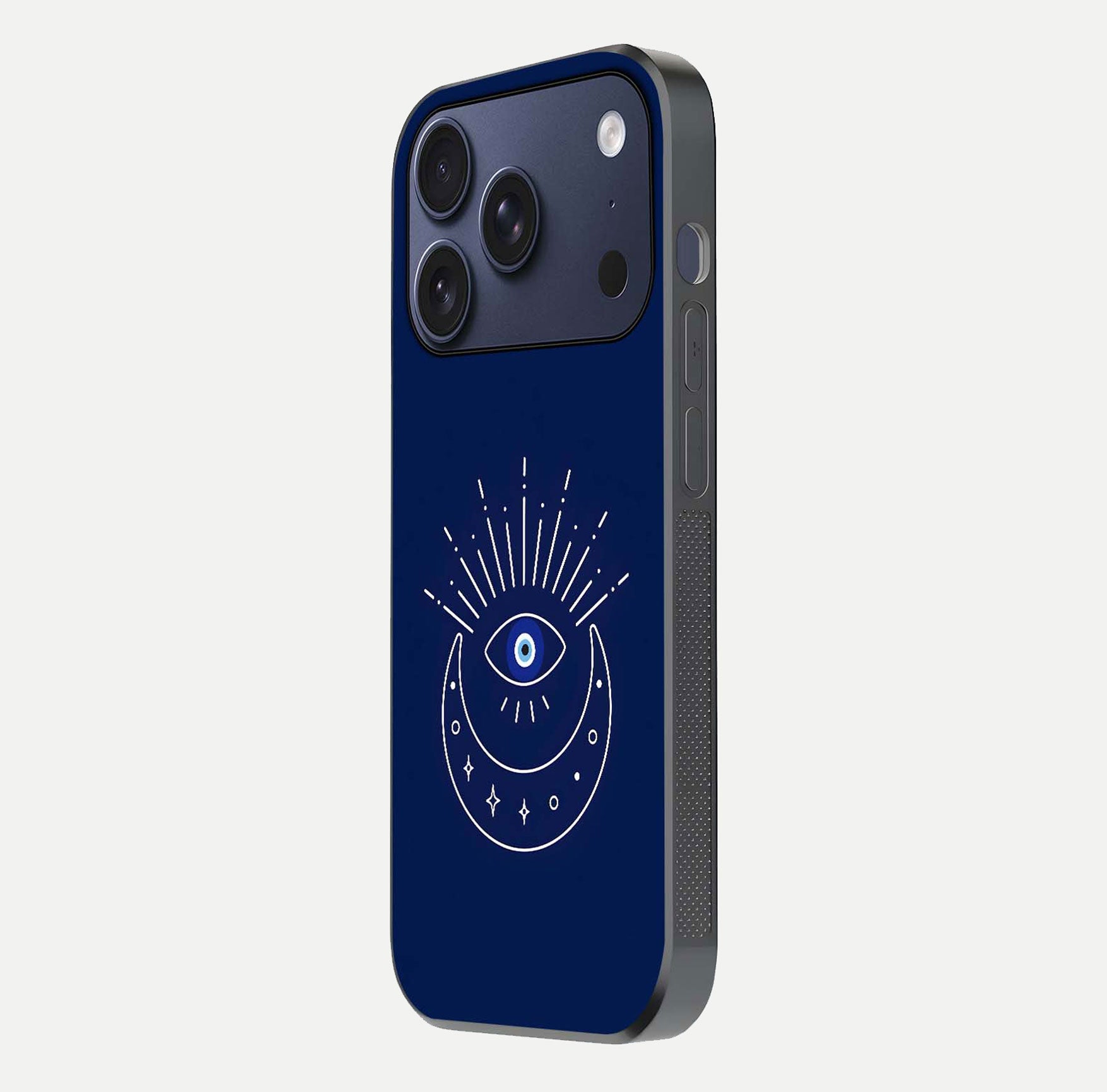 Blue Evil Eye Glass Case for iPhone 17 Pro side-angle view showing edge glow, color balance, and reflective surface