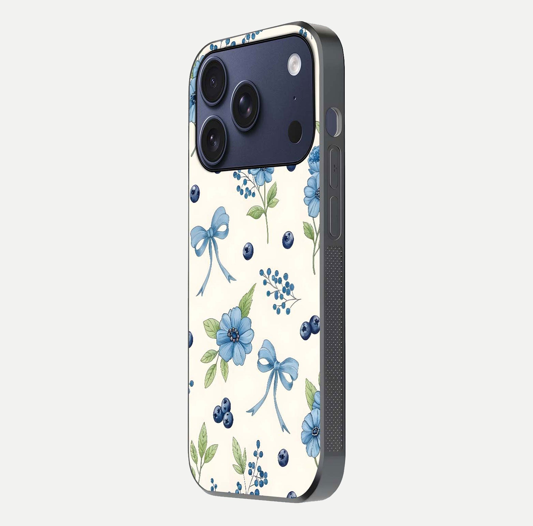 Blue Flower & Bow Glass Case for iPhone 17 Pro side-angle image showing bow-floral mix and HD finish shine