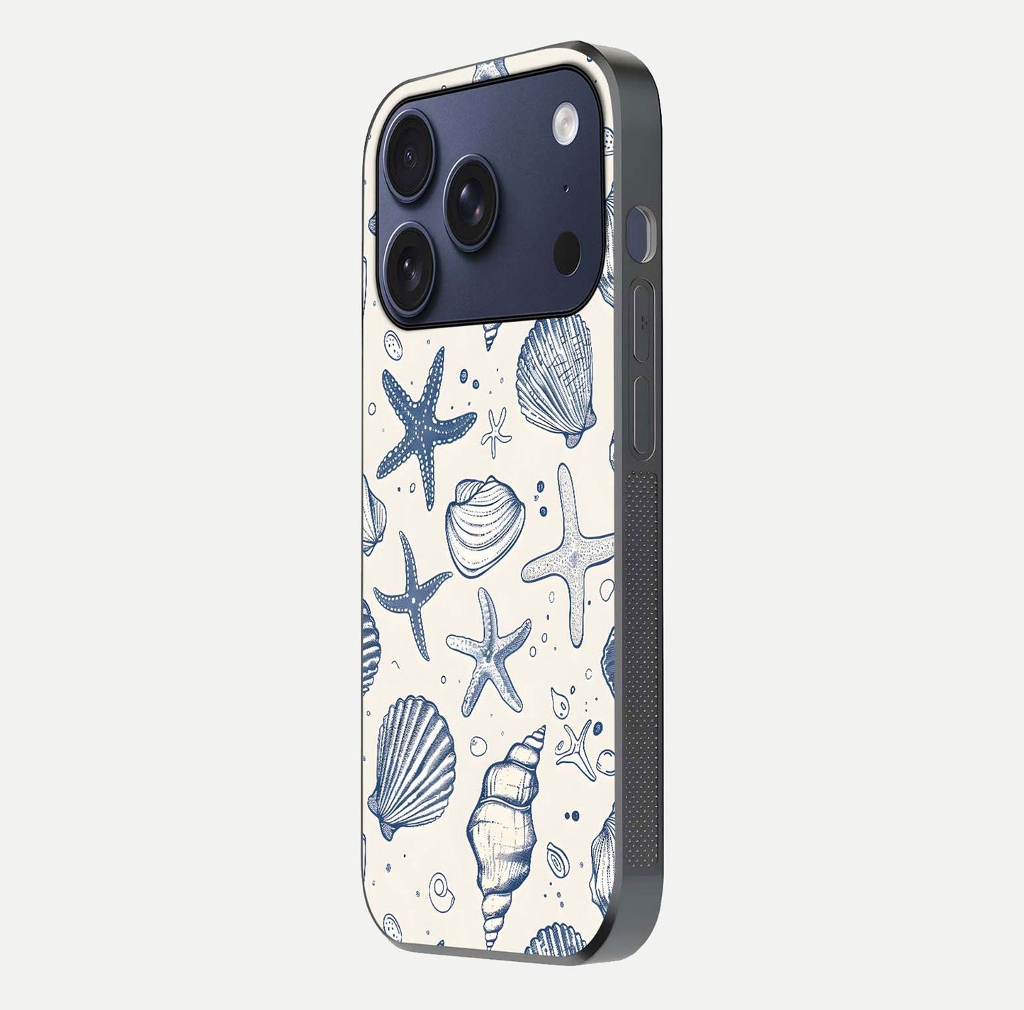 Blue Ocean Outline Glass Case for iPhone 17 Pro side-angle view showing clear edge lines and oceanic blue glow