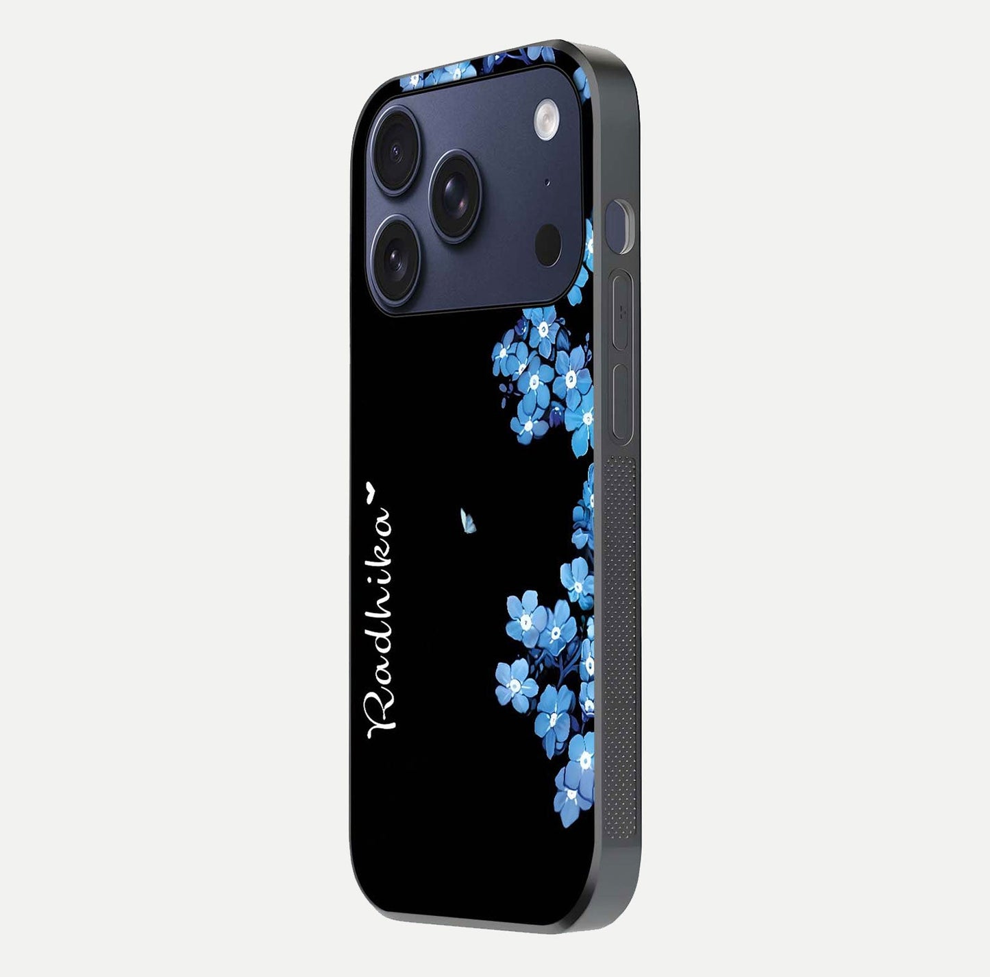 Blue Petal Dream Custom Name Glass Case for iPhone 17 Pro side-angle image showing name print clarity and smooth gloss