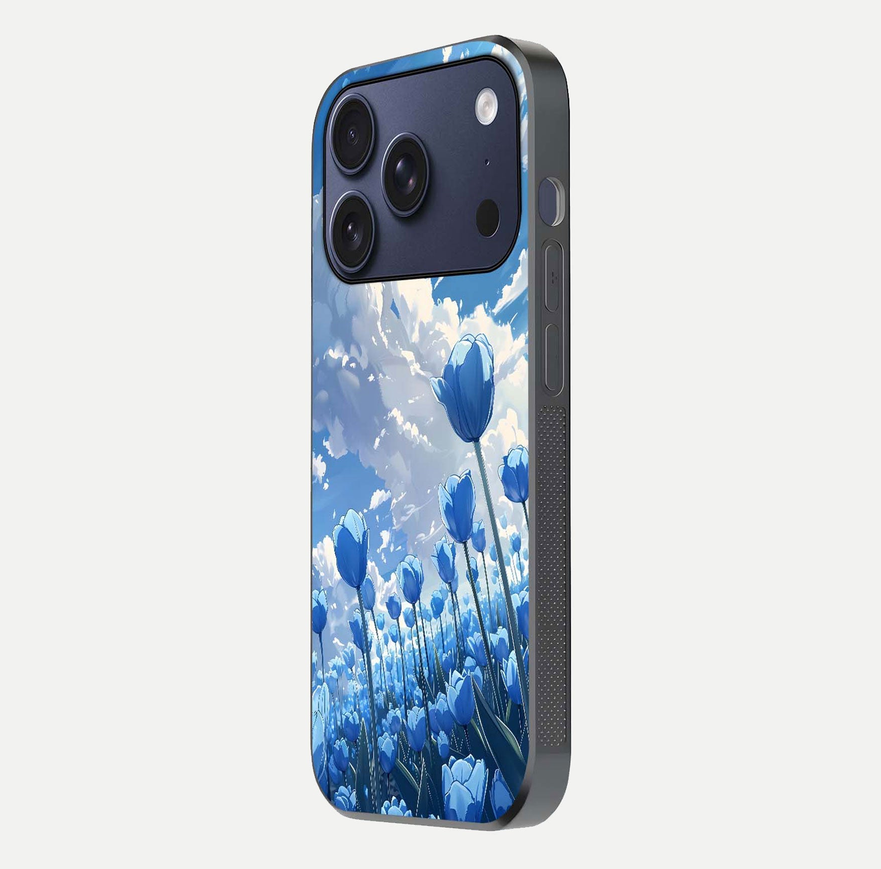 Blue Tulip Clouds Glass Case for iPhone 16 Pro side-angle image showing edge curve and flower reflection glow