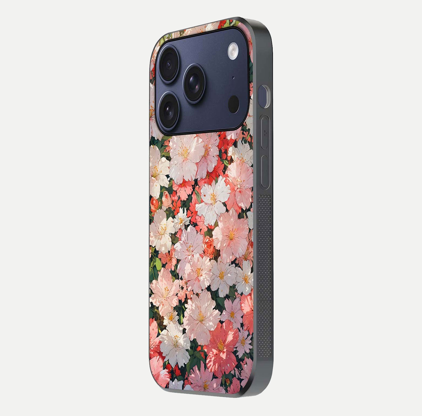 Blush Bloom Field Glass Case for iPhone 16 Pro side-angle image showing petal pattern gloss and smooth edges