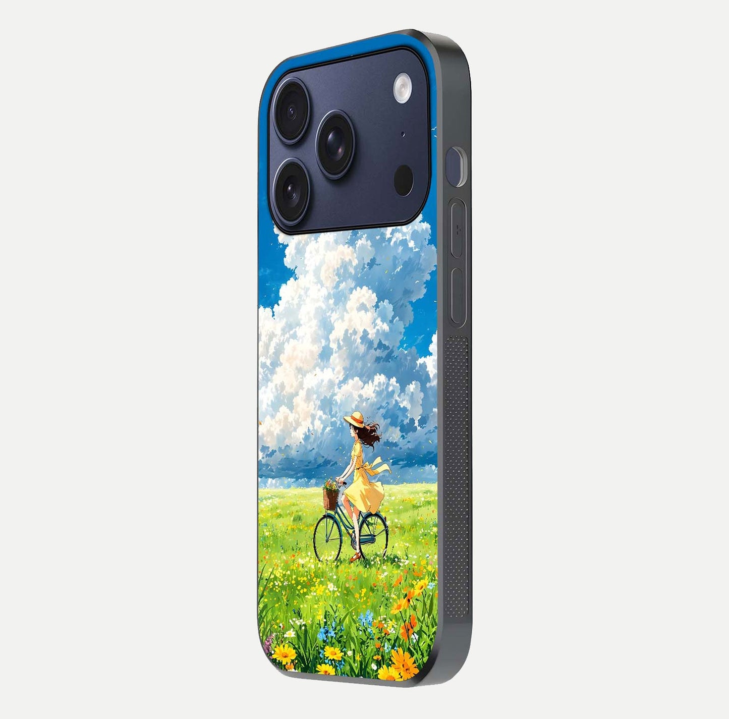 Breezy Meadow Ride Glass Case for iPhone 17 Pro side-angle image showing floral details and edge glow