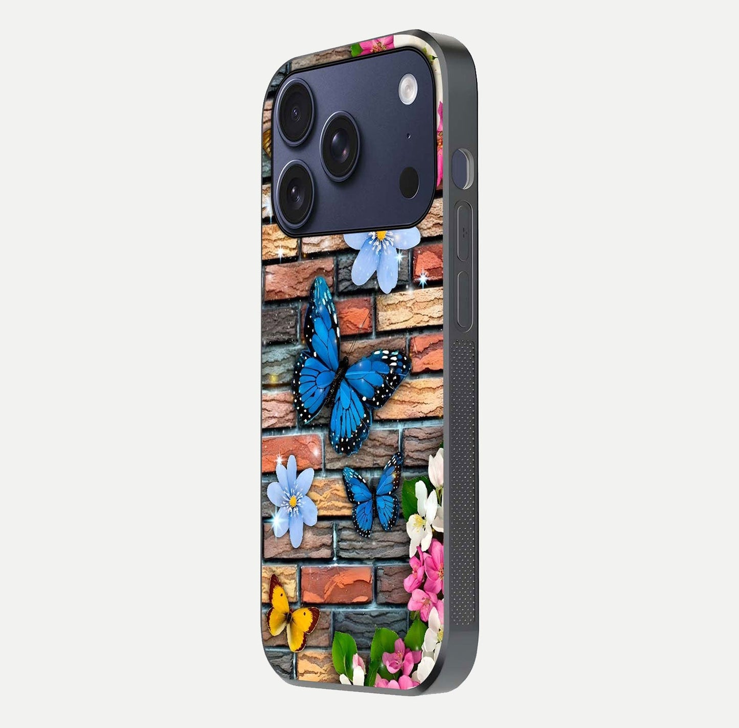 Brick Bloom Flight Glass Case for iPhone 17 Pro side-angle photo showing curve shine and detailed petal contrast