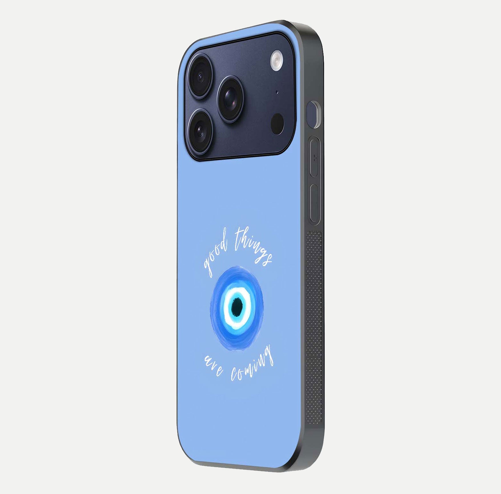 Bright Future Ahead Glass Case for iPhone 17 Pro side-angle image displaying edge smoothness and reflective surface