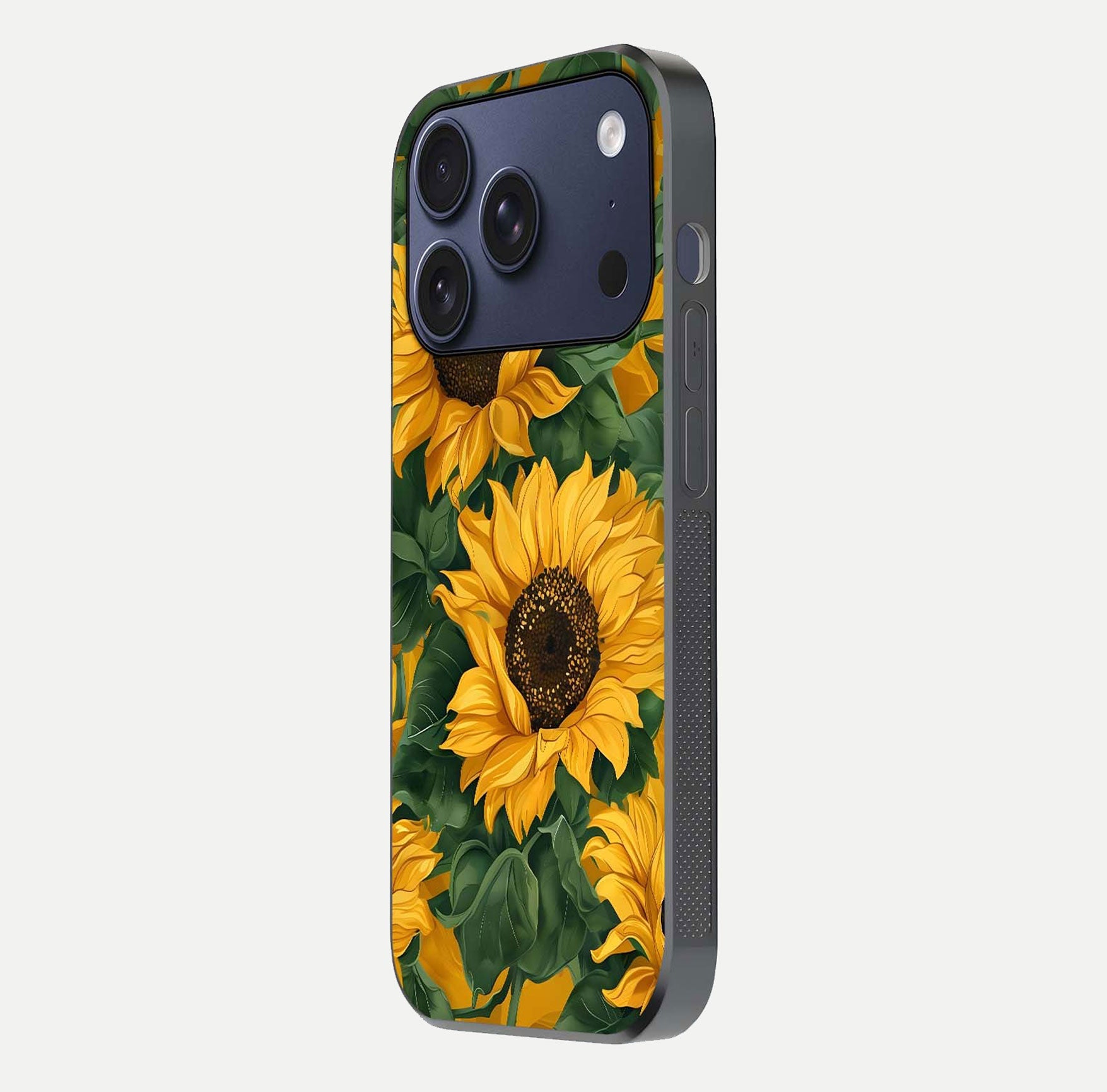 Bright Sunflower Bloom Glass Case for iPhone 17 Pro side-angle image showing shine texture and detailed bloom