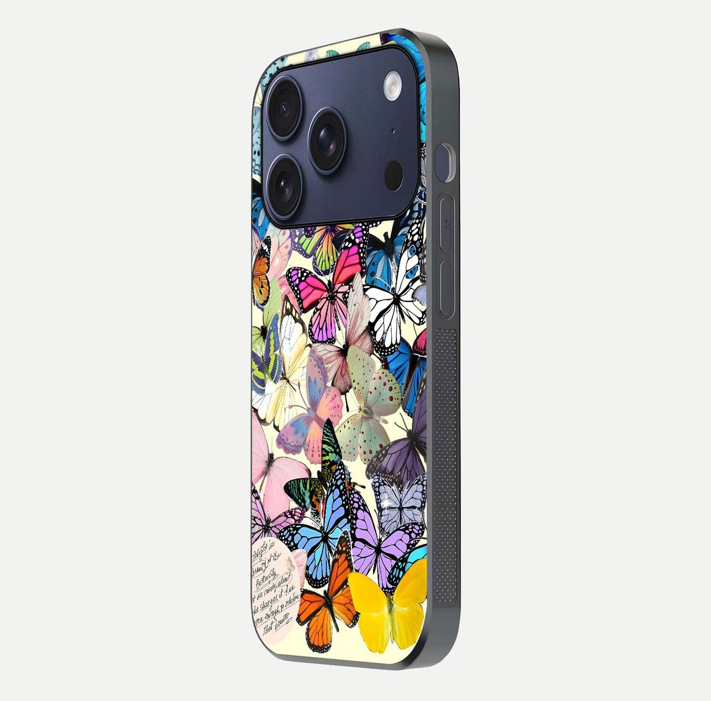Butterflies Petal Dream Glass Case for iPhone 17 Pro side-angle shot showing butterfly motion and curved edges