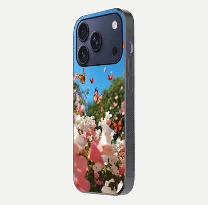 Butterflies in Bloom Sky Glass Case for iPhone 17 Pro side-angle image showing delicate details and gloss polish