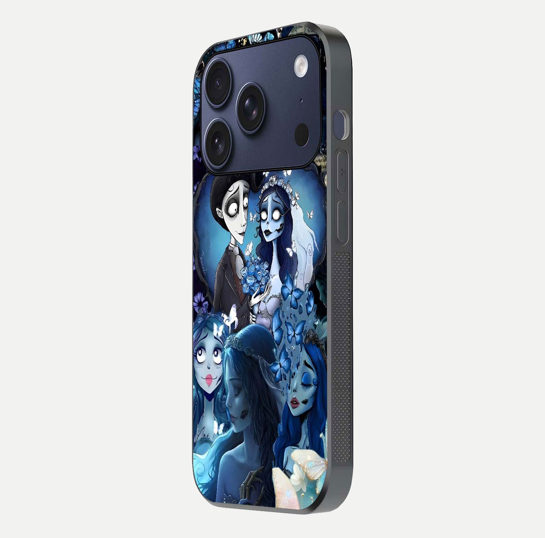 Butterfly Ghost Soul Glass Case for iPhone 17 Pro side-angle image capturing edge light and deep design tones