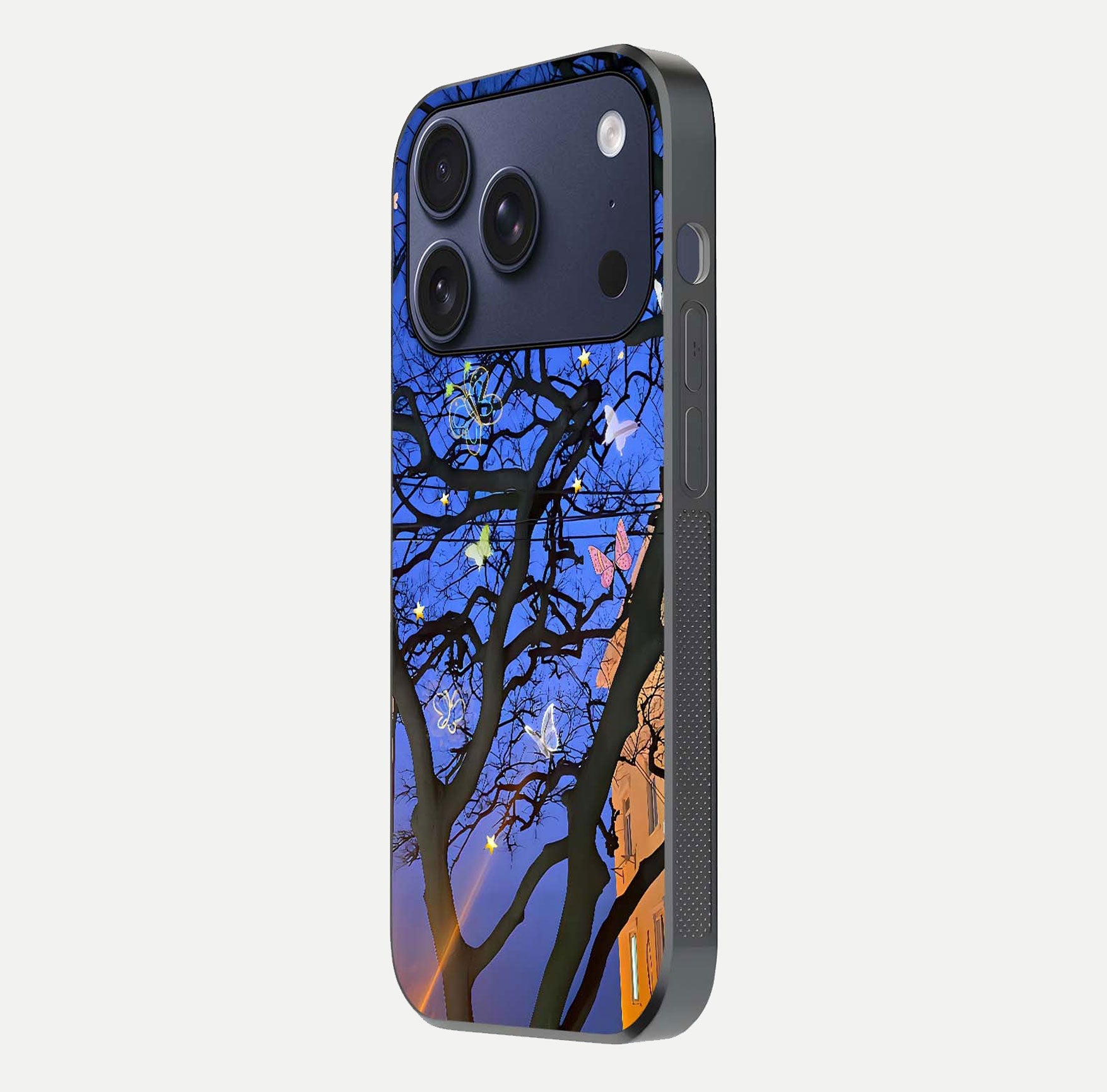 Butterfly Night Magic Glass Case for iPhone 17 Pro side-angle view capturing butterfly contrast and glossy depth