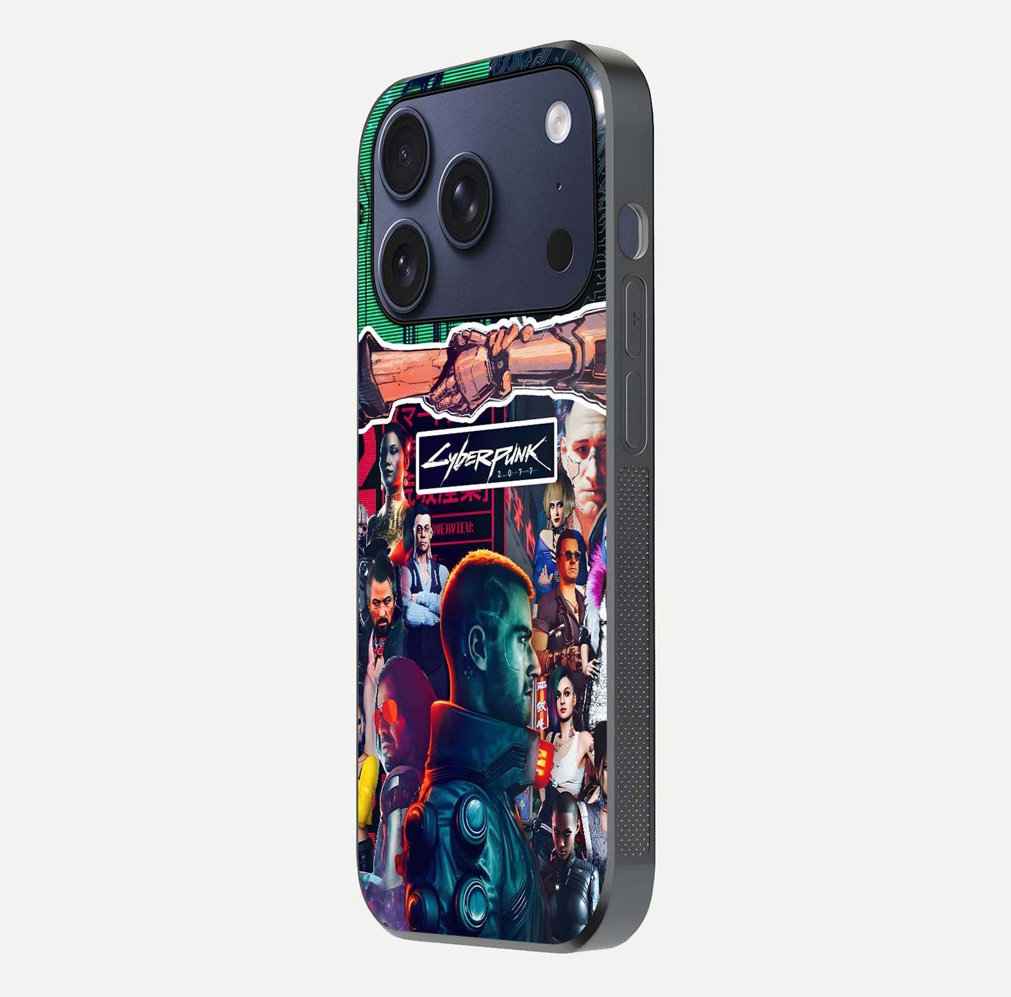 CYBERPUNK Legacy Glass Case for iPhone 17 Pro side-angle photo showing edge glow and reflective surface
