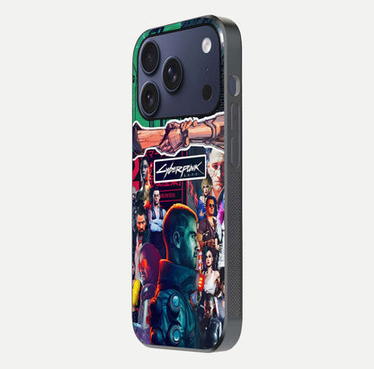 CYBERPUNK Legacy Glass Case for iPhone 17 Pro side-angle photo showing edge glow and reflective surface