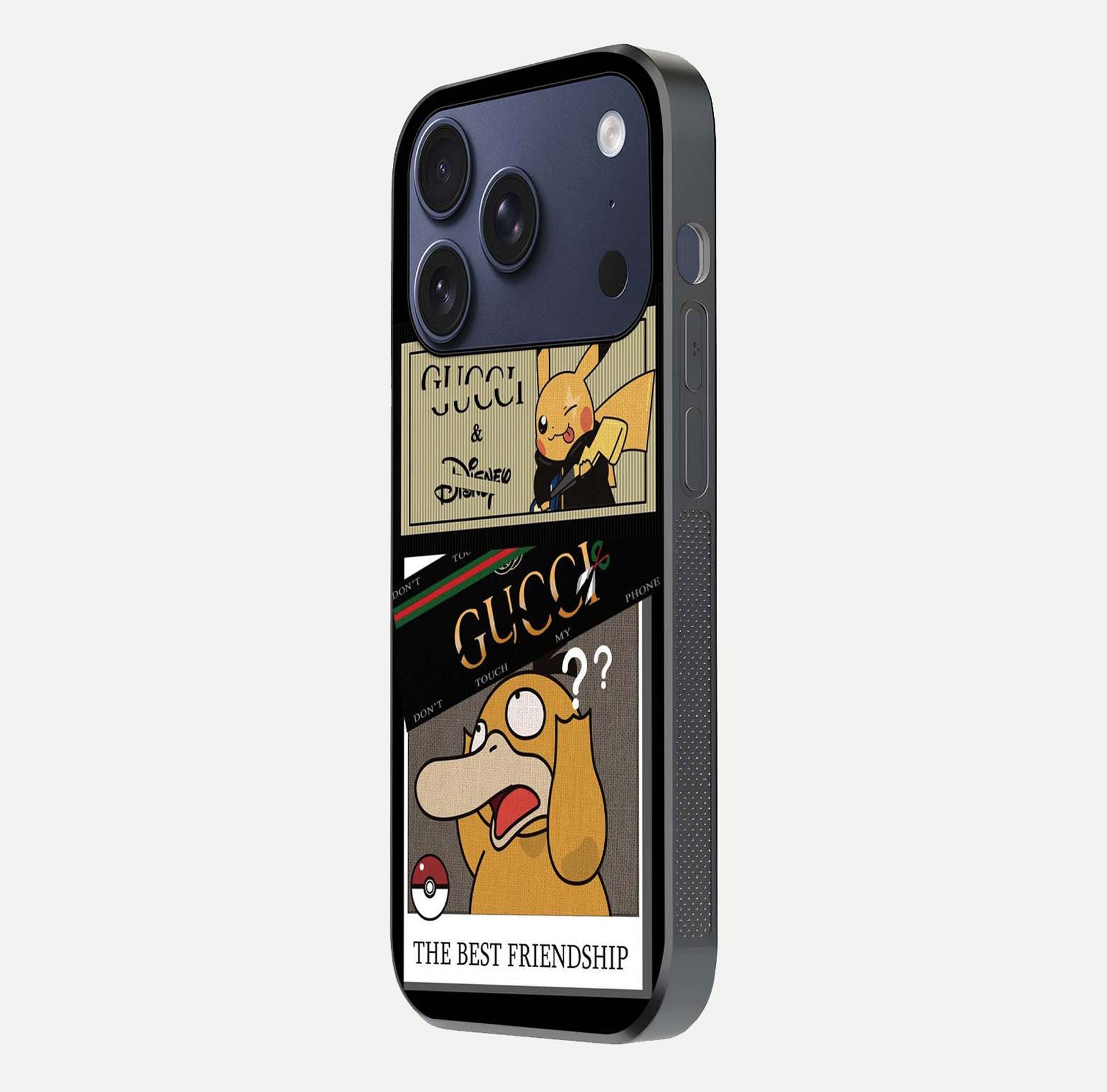 Cartoon Brand Play Mashup Glass Case for iPhone 17 Pro side-angle image showing reflection brightness and fun graphic mix