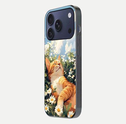Cat & Flowers View Glass Case for iPhone 17 Pro side-angle image capturing cat print clarity and gloss tone