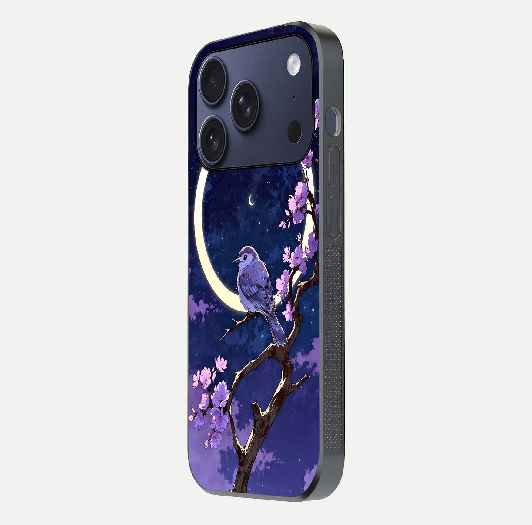 Celestial Bird Blossom Glass Case for iPhone 17 Pro side-angle image showing detailed wings and glossy polish