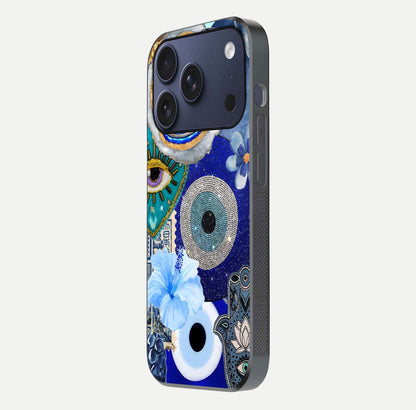 Celestial Blue Vision Glass Case for iPhone 17 Pro side-angle image capturing starlight shimmer and glass reflection