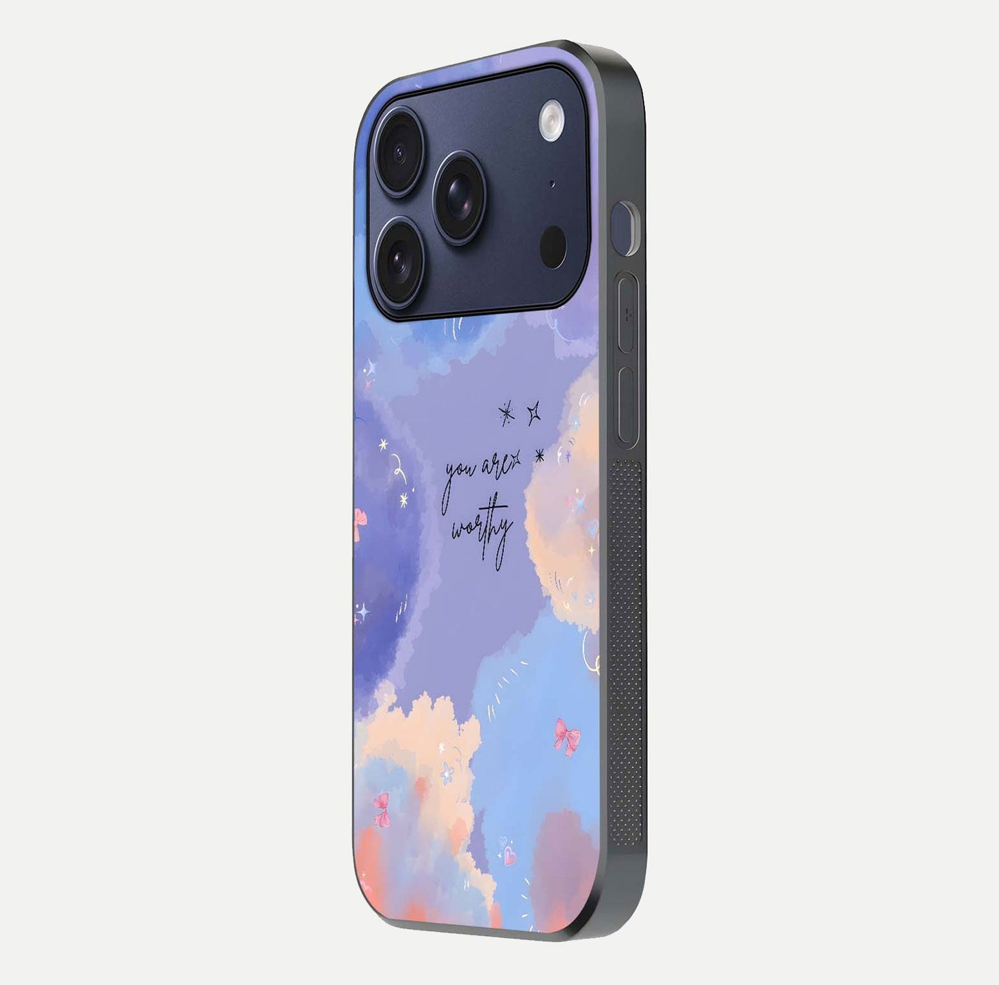 Celestial Cloud Magic Glass Case for iPhone 17 Pro side-angle photo showing edge reflection and dreamy texture